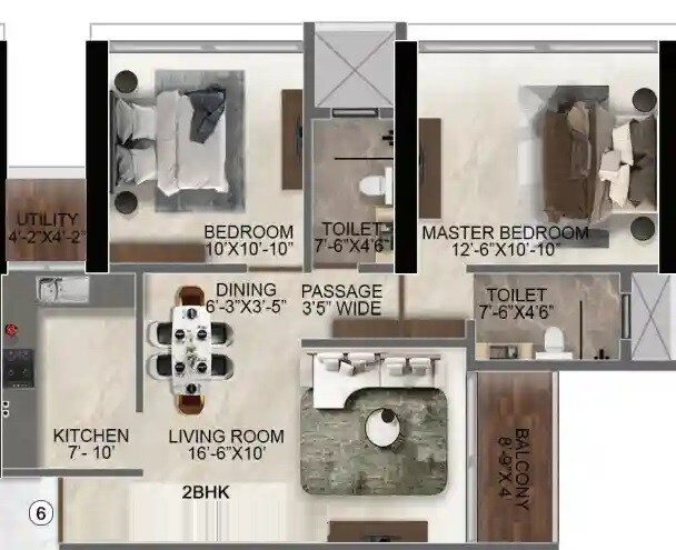 Floor plan of 2 BHK 743 Sq. Ft. Apartment in Ravi The Gateway, Mumbai