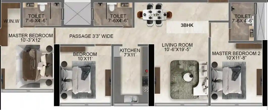 Floor plan of 3 BHK 913 Sq. Ft. Apartment in Ravi The Gateway, Mumbai