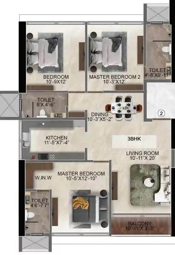 Floor plan of 3 BHK 963 Sq. Ft. Apartment in Ravi The Gateway, Mumbai