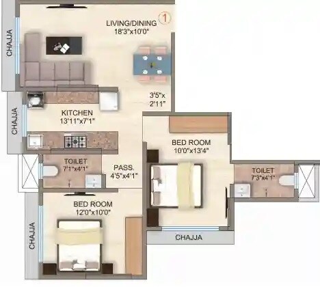 Floor plan of 2 BHK 575 Sq. Ft. Apartment in Rawal Holy Family CHSL, Mumbai