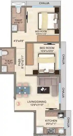 Floor plan of 2 BHK 658 Sq. Ft. Apartment in Rawal Holy Family CHSL, Mumbai
