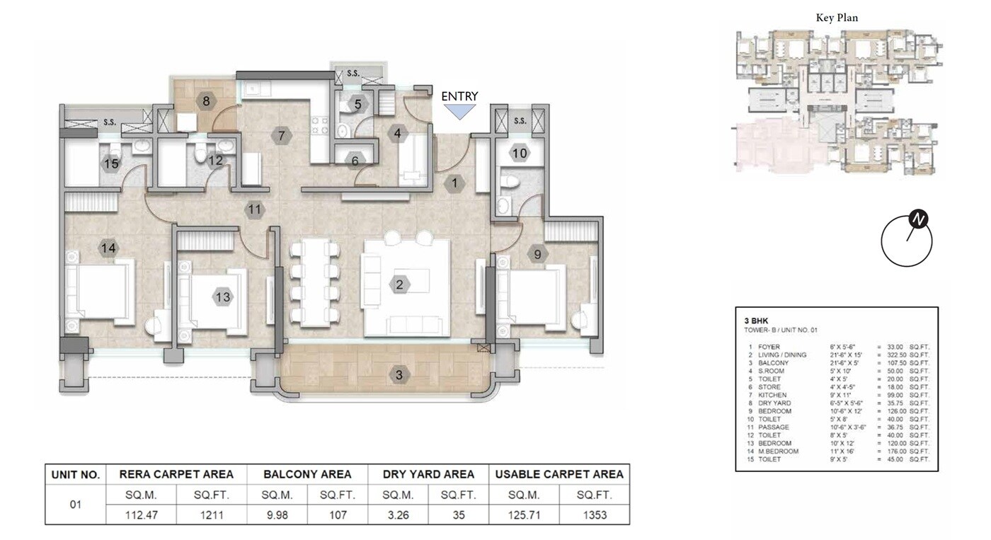 Floor plan of 3 BHK 1353 Sq. Ft. Apartment in Raymond Invictus By GS, Mumbai