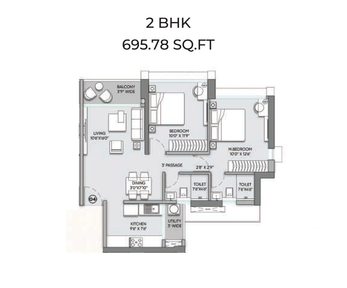 Floor plan of 2 BHK 696 Sq. Ft. Apartment in Raymond The Address By GS, Mumbai