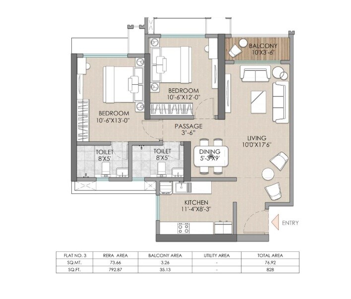 2 BHK 828 Sq. Ft. Apartment