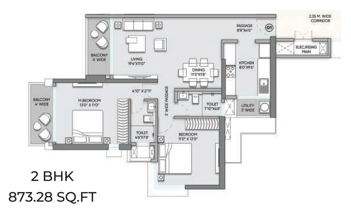 2 BHK 873 Sq. Ft. Apartment
