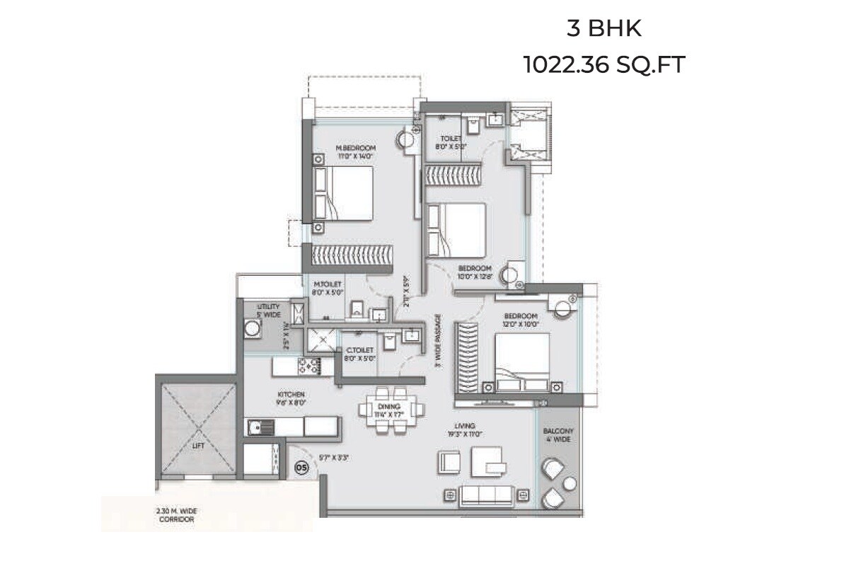 Floor plan of 3 BHK 1022 Sq. Ft. Apartment in Raymond The Address By GS, Mumbai