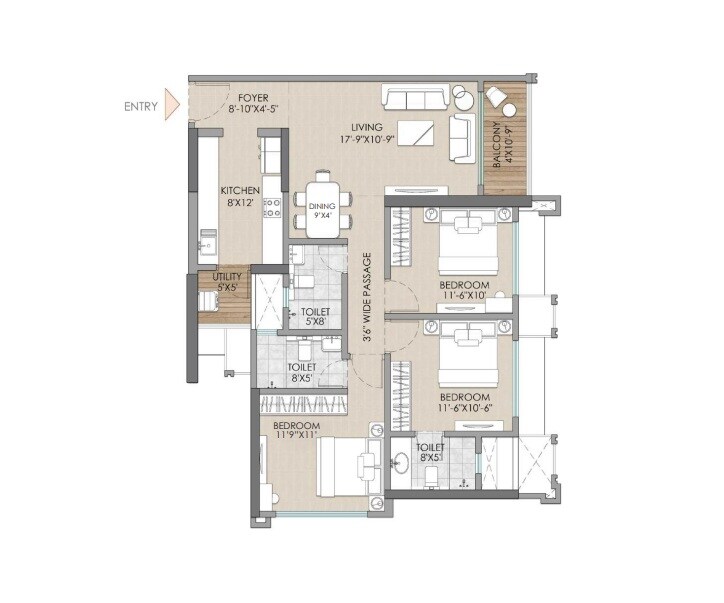 3 BHK 941 Sq. Ft. Apartment