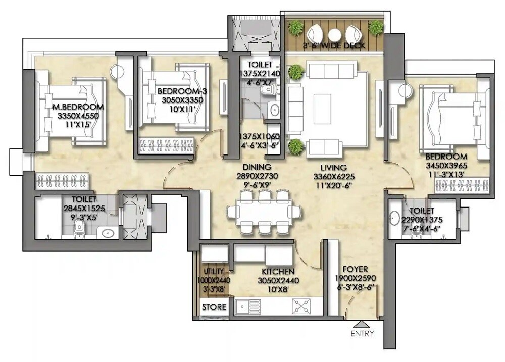 3 BHK 970 Sq. Ft. Apartment