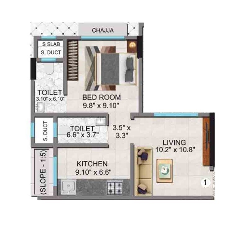 Floor plan of 1 BHK 351 Sq. Ft. Apartment in RCC Hill Star, Mumbai