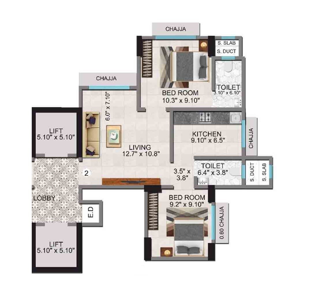 Floor plan of 2 BHK 506 Sq. Ft. Apartment in RCC Hill Star, Mumbai