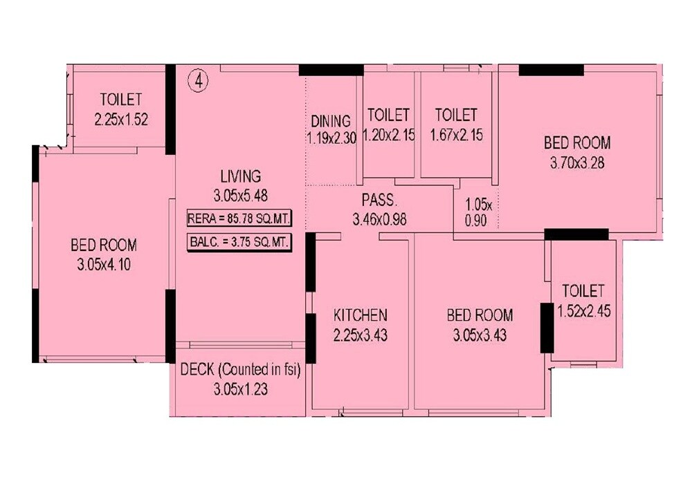 Floor plan of 3 BHK 964 Sq. Ft. Apartment in RD Nivara, Mumbai