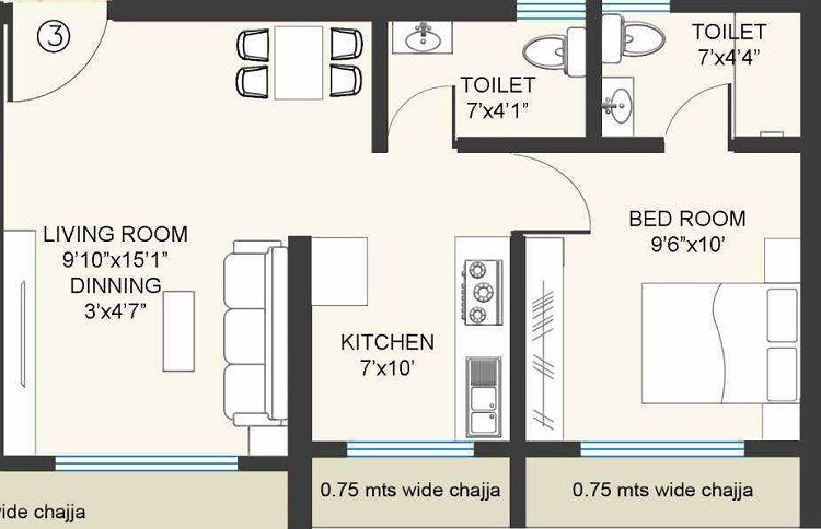 1 BHK 410 Sq. Ft. Apartment