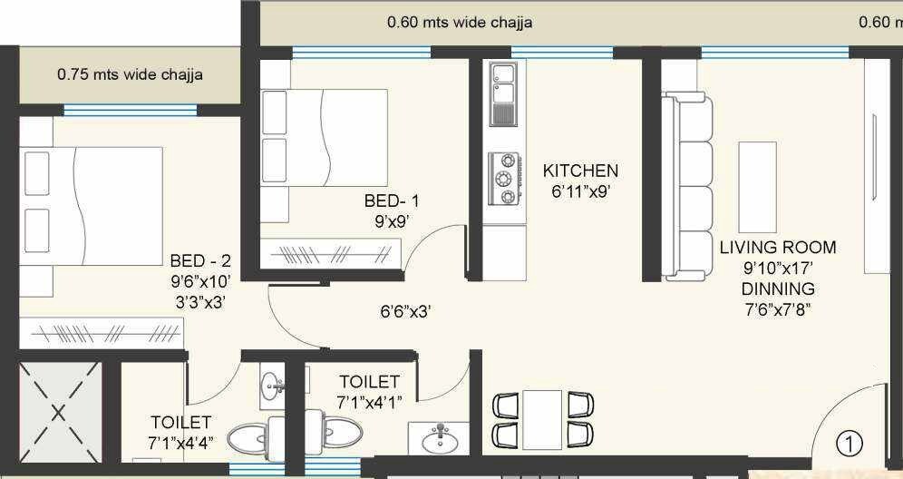 Floor plan of 2 BHK 620 Sq. Ft. Apartment in Re Form Delta House, Mumbai