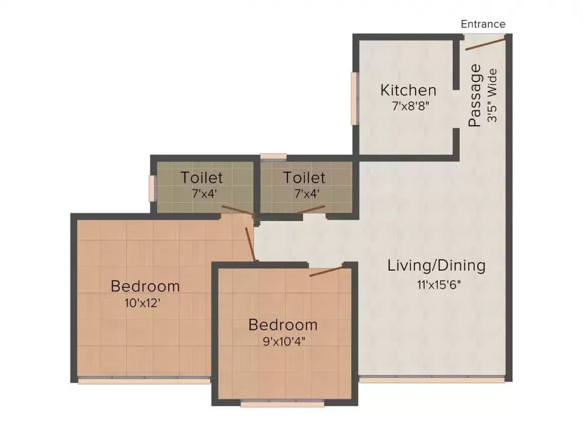 Floor plan of 2 BHK 1003 Sq. Ft. Apartment in RedBrick Brizo Residency, Mumbai