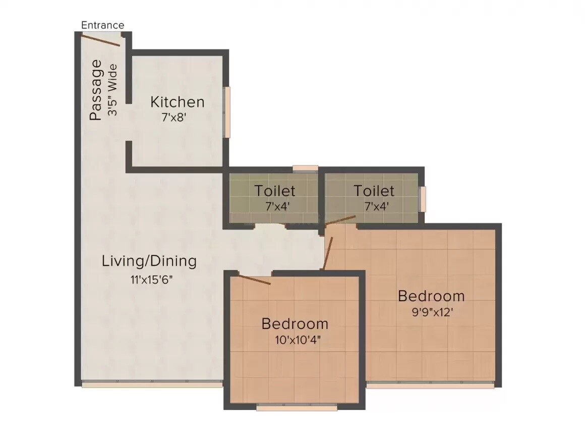 Floor plan of 2 BHK 1030 Sq. Ft. Apartment in RedBrick Brizo Residency, Mumbai