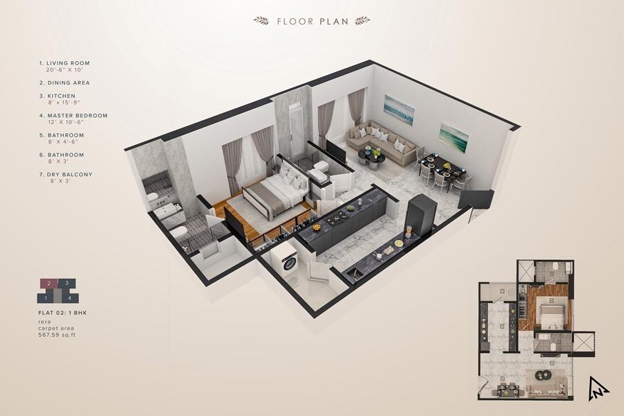 Floor plan of 1 BHK 568 Sq. Ft. Apartment in Redstone Azara Residences, Mumbai