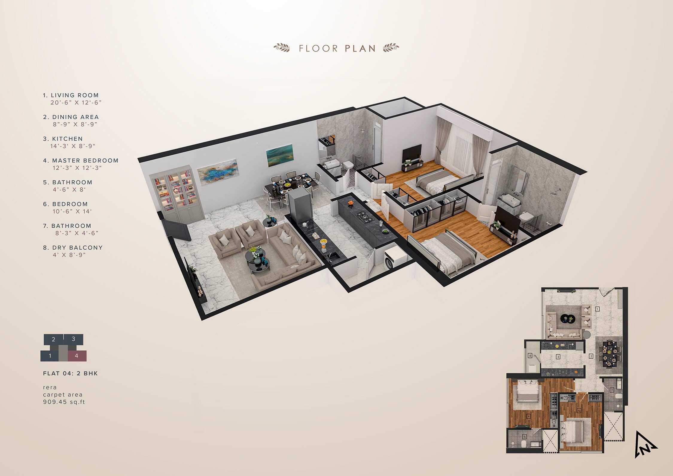 Floor plan of 2 BHK 909 Sq. Ft. Apartment in Redstone Azara Residences, Mumbai