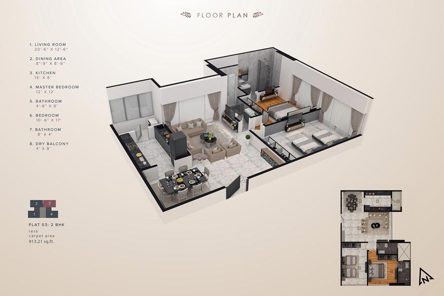 Floor plan of 2 BHK 913 Sq. Ft. Apartment in Redstone Azara Residences, Mumbai