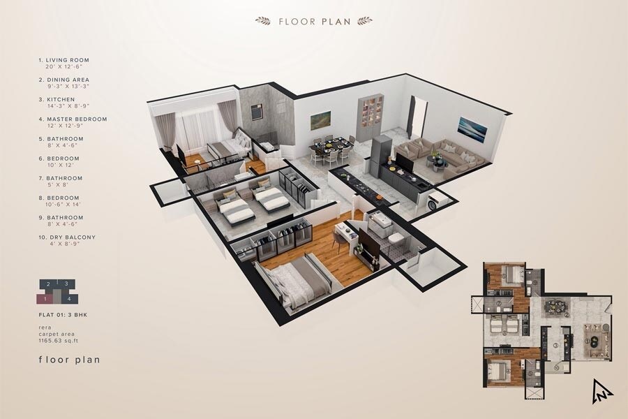 Floor plan of 3 BHK 1166 Sq. Ft. Apartment in Redstone Azara Residences, Mumbai