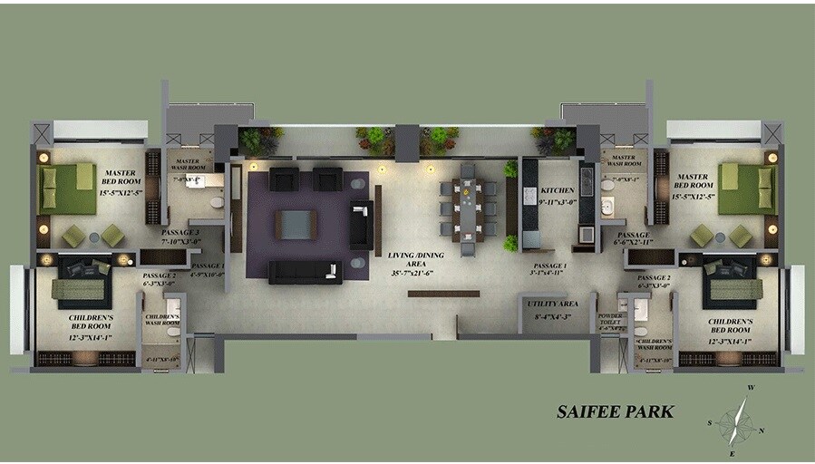 Floor plan of 4 BHK 2250 Sq. Ft. Apartment in Redstone Saifee Park, Mumbai