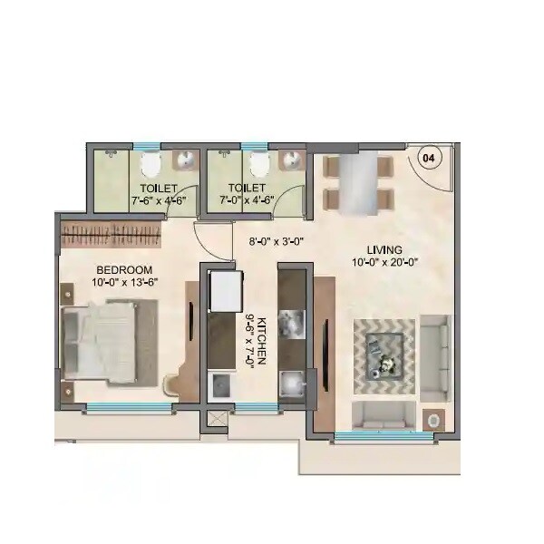 Floor plan of 1 BHK 450 Sq. Ft. Apartment in Regent Jeevan Tara CHS, Mumbai