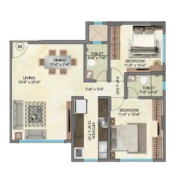 2 BHK 749 Sq. Ft. Apartment