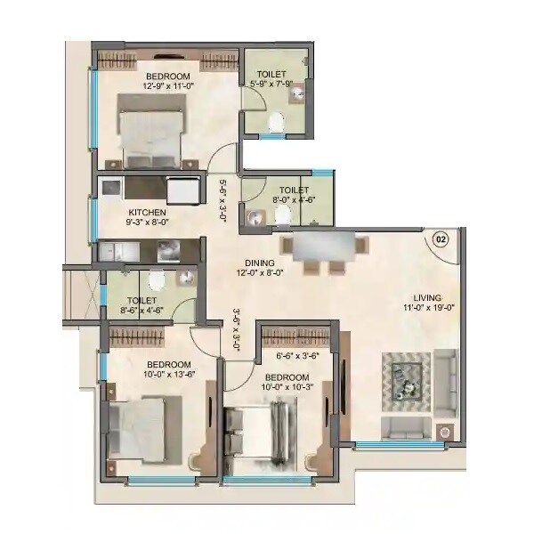 Floor plan of 3 BHK 975 Sq. Ft. Apartment in Regent Jeevan Tara CHS, Mumbai