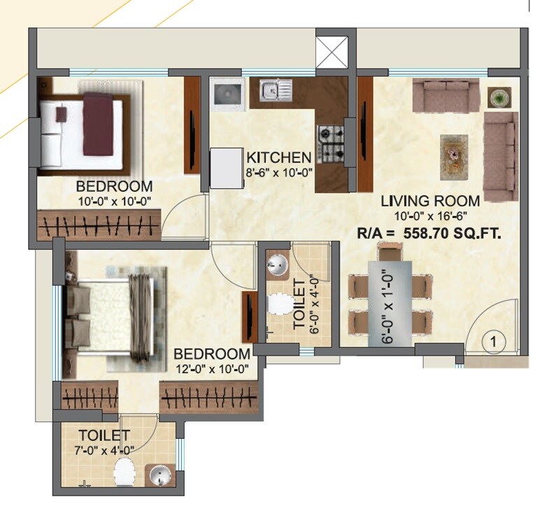 Floor plan of 2 BHK 559 Sq. Ft. Apartment in Regent Kashi Kunj, Mumbai