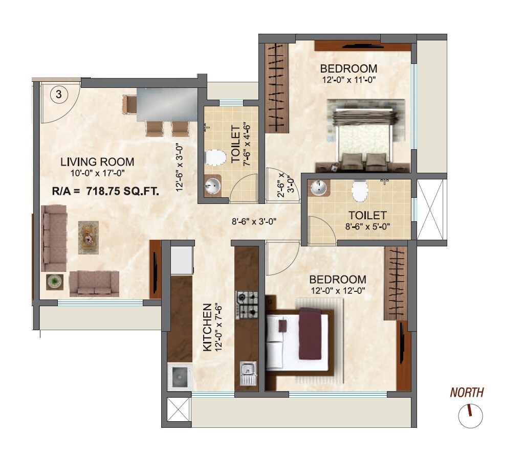 Floor plan of 2 BHK 719 Sq. Ft. Apartment in Regent Kashi Kunj, Mumbai