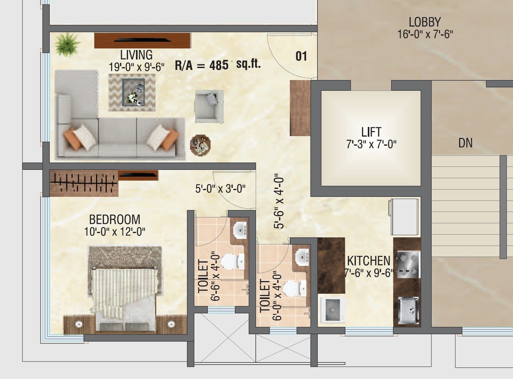 Floor plan of 1 BHK 485 Sq. Ft. Apartment in Regent Milan Chhaya, Mumbai