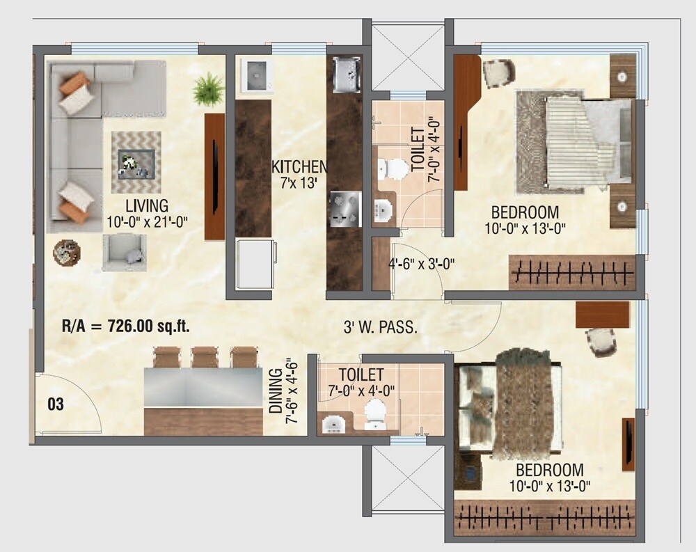 Floor plan of 2 BHK 726 Sq. Ft. Apartment in Regent Milan Chhaya, Mumbai