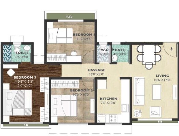 3 BHK 715 Sq. Ft. Apartment