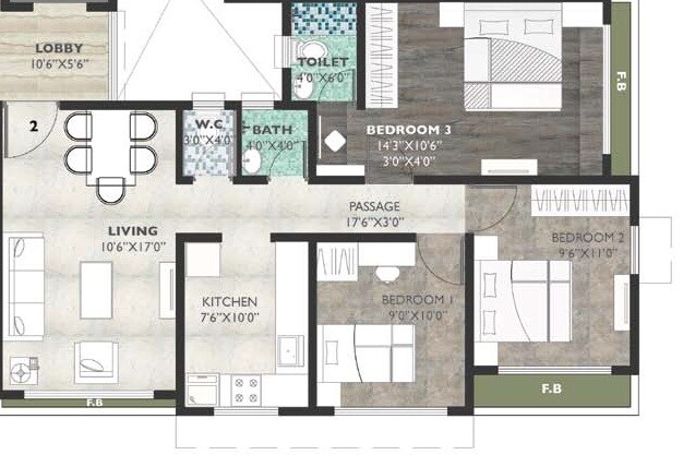 3 BHK 725 Sq. Ft. Apartment