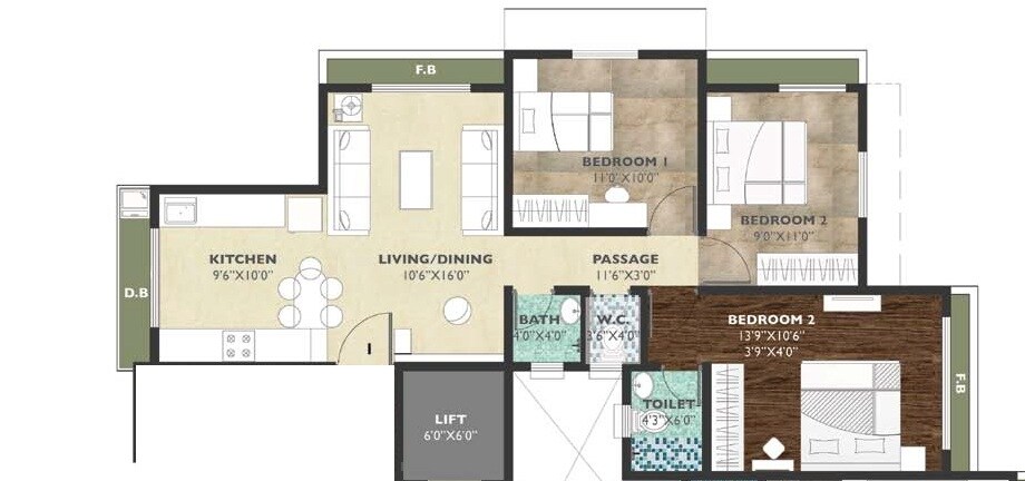 3 BHK 737 Sq. Ft. Apartment