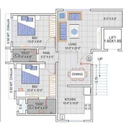 Floor plan of 2 BHK 756 Sq. Ft. Apartment in Reliable New Simit, Mumbai