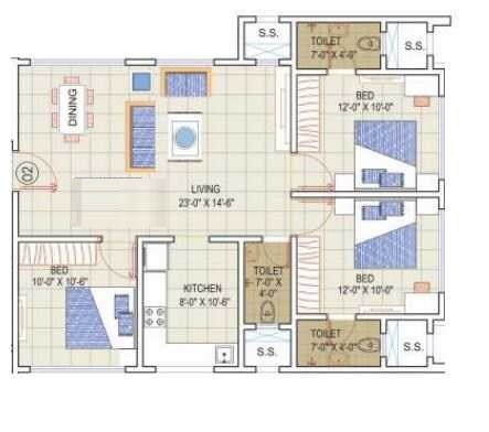 Floor plan of 3 BHK 884 Sq. Ft. Apartment in Reliable New Simit, Mumbai