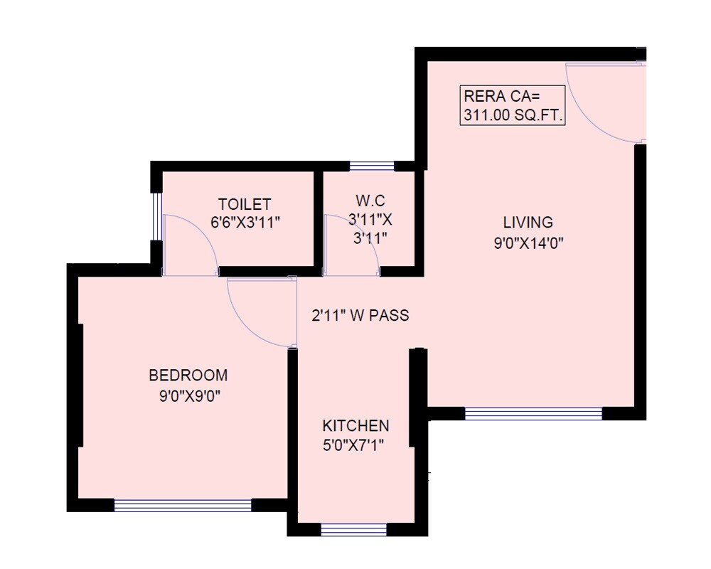Floor plan of 1 BHK 311 Sq. Ft. Apartment in Reliable Unique Fortune, Mumbai