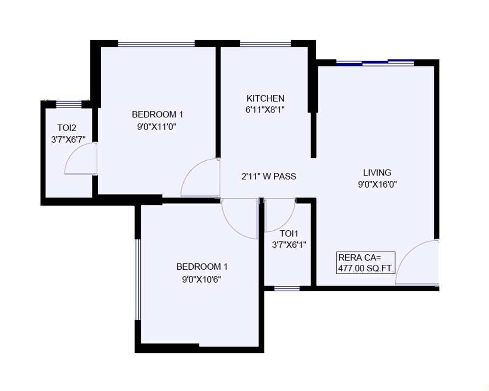 Floor plan of 2 BHK 477 Sq. Ft. Apartment in Reliable Unique Fortune, Mumbai