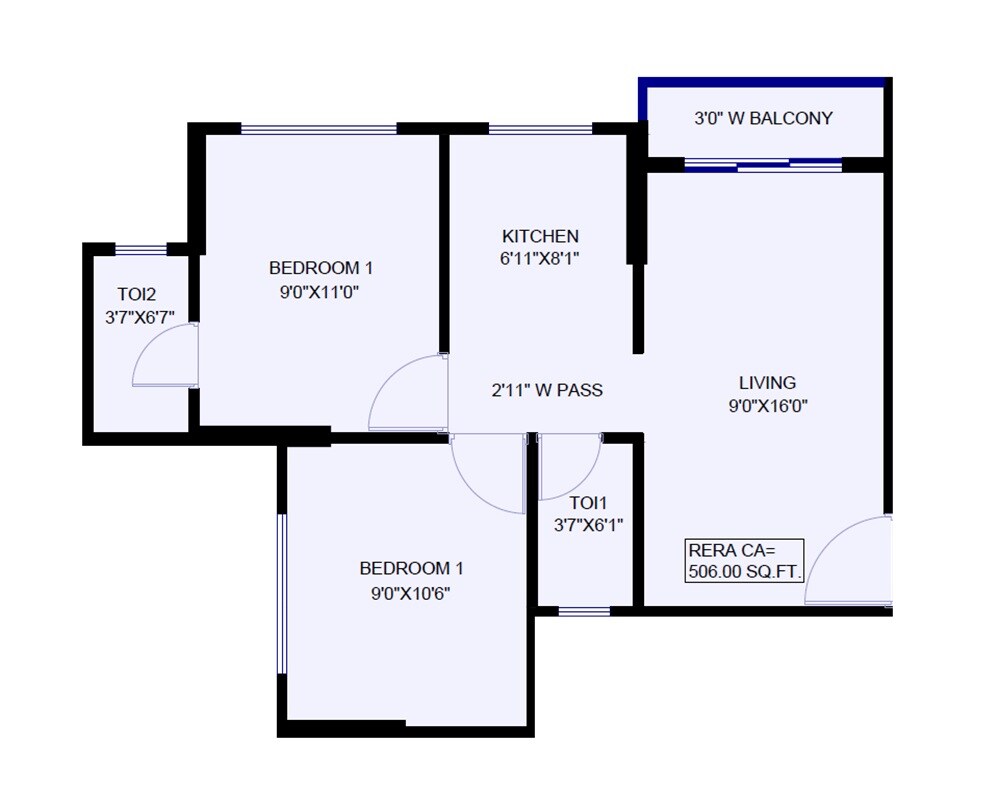 Floor plan of 2 BHK 508 Sq. Ft. Apartment in Reliable Unique Fortune, Mumbai