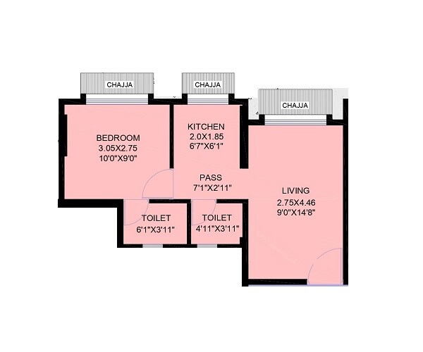 Floor plan of 1 BHK 340 Sq. Ft. Apartment in Reliable Unique Platinum, Mumbai