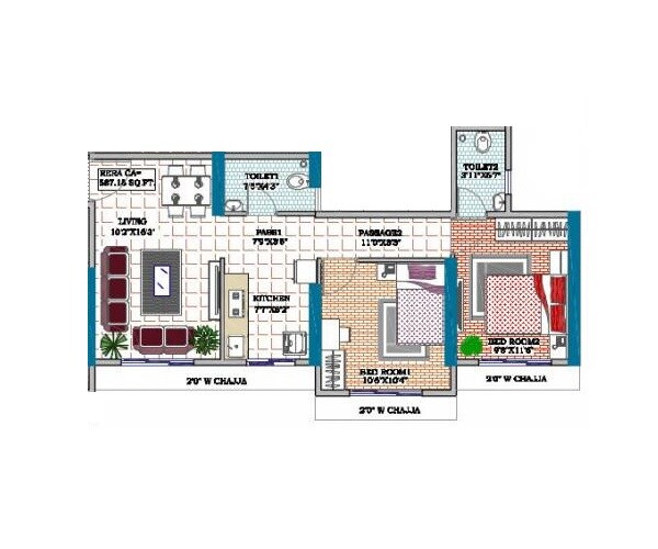 Floor plan of 2 BHK 587 Sq. Ft. Apartment in Reliable Unique Pride, Mumbai