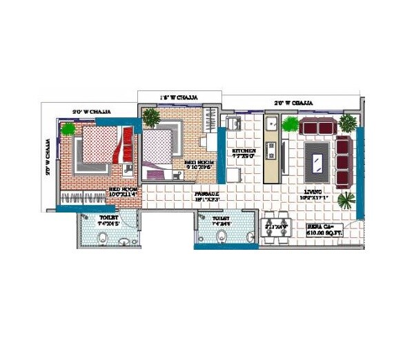 Floor plan of 2 BHK 610 Sq. Ft. Apartment in Reliable Unique Pride, Mumbai