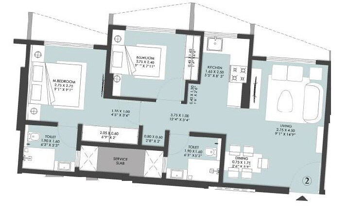 Floor plan of 2 BHK 522 Sq. Ft. Apartment in Relliance Amann Highland Park, Mumbai