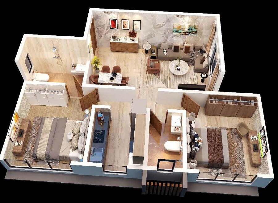 Floor plan of 2 BHK 600 Sq. Ft. Apartment in Relliance Lashkaria Solitaire, Mumbai