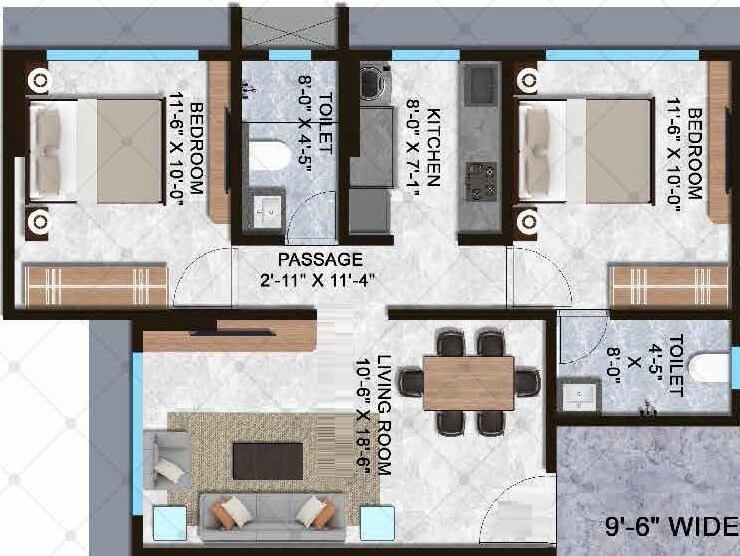 Floor plan of 2 BHK 610 Sq. Ft. Apartment in Relliance Lashkaria Solitaire, Mumbai
