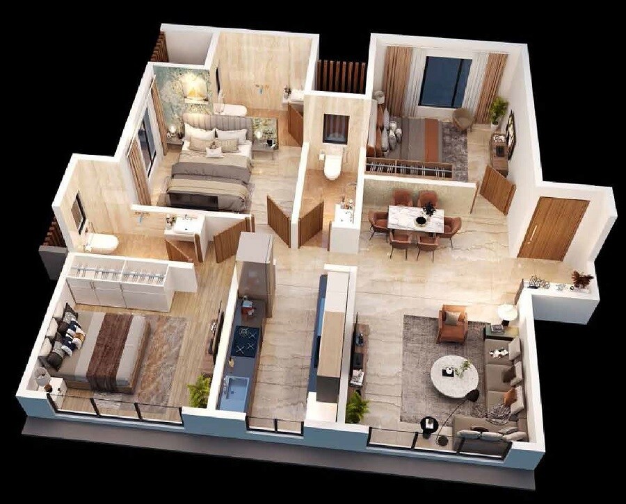 Floor plan of 3 BHK 865 Sq. Ft. Apartment in Relliance Lashkaria Solitaire, Mumbai