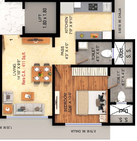 Floor plan of 1 BHK 411 Sq. Ft. Apartment in Renaissance Spring Meadows, Mumbai
