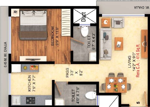 Floor plan of 1 BHK 414 Sq. Ft. Apartment in Renaissance Spring Meadows, Mumbai
