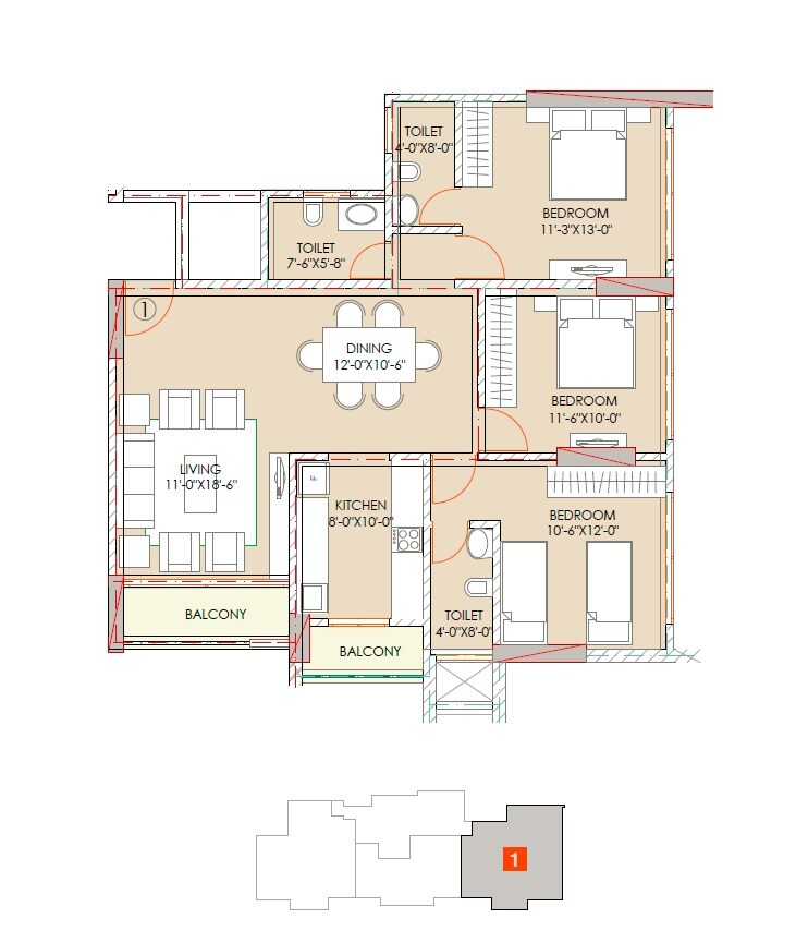 3 BHK 1003 Sq. Ft. Apartment