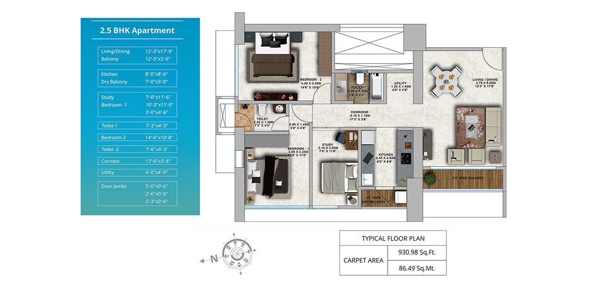 Floor plan of 2 BHK 930 Sq. Ft. Apartment in Richa Park Mist, Mumbai